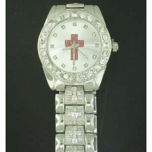  CROSS ICEDOUT SIMULATED DIAMONDS WHITE FACE RED LOGO WATCH 