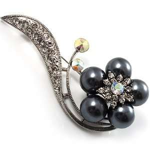   Stunning Flower Pearl Style Crystal Pin Brooch (Silver&Black) Jewelry