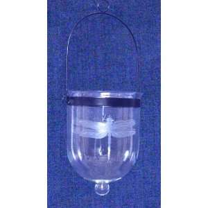   Hand Etched Dragonfly Glass Candle Lantern 9.5