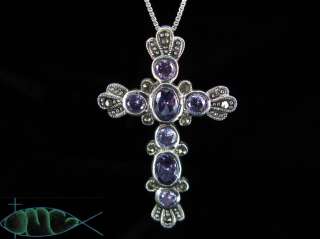 Large Sterling Silver Amethyst & Marcasite Cross Pendant/Necklace 