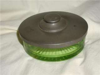 Green Depression Glass Divided Candy Dish w/ RARE Metal  