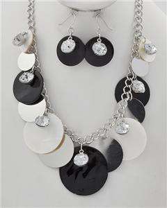 BLACK WHITE CIRCLE SHELL SILVERTONE NECKLACE EARRING  