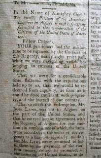 1793 Boston newspaper BARBARY PIRATES hold US hostages captive 8 yrs 