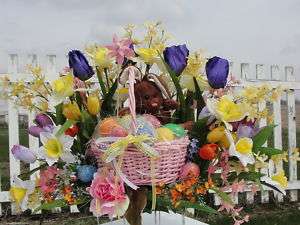 Bunny in Easter Basket w/ Eggs Child Cemetery Grave Flowers Purple 