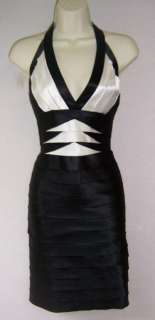 BCBG Maxazria Black Ivory Halter Tie Fully Lined Laser Cut Satin Dress 