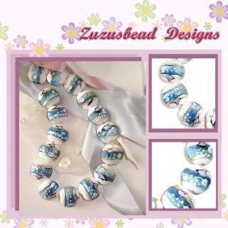 Lampwork Glass Beads 15mm Lentil Blue Sea Mist 8 Beads (#a63sm)  