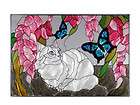 White Cat Butterflies Flowers Hand Painted Art Glass Window Panel 