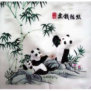  Chinese Silk Embroidery Wall Hanging Panda Bamboo 