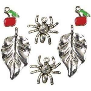  Subculture Charms, 6/Pkg Spider/Leaf/Cherry  Silver