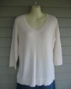 Talbots Womens Soft Pima Cotton Ivory V Neck Cable Knit Sweater XL 