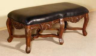 Solid Mahogany Faux Leather Carved Bedside Bench Settee  