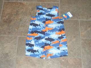NWT Carters Fish Sharks Blue Orange Romper Outfit 0 3  