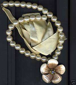 Vintage Enamel Plumeria Pendant Bead Satin Tie Necklace  