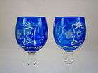 Bohemian Czech Cobalt Blue Cut to Clear Water Goblets Glasses