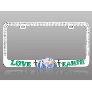 Go Green LOVE EARTH with Sparkling White Crystals License Plate Frame 