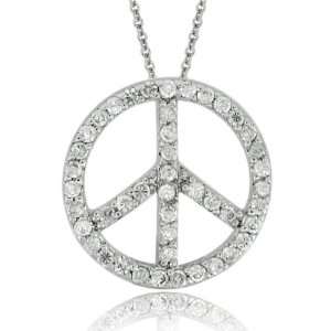  Sterling Silver CZ Circle Peace Sign Pendant Jewelry