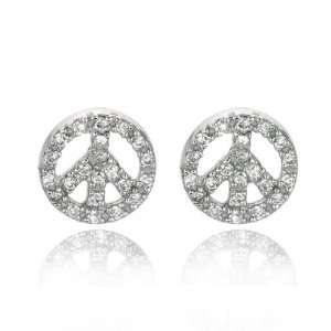  Sterling Silver CZ Peace Sign Stud Earrings (11 x 11 mm) Jewelry