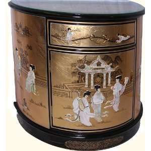   Half round Oriental lacqerware cabinet with glass top.