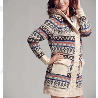 Women Korea Top Small Houses Pattern Hood Sweater Coat 3 Colors  