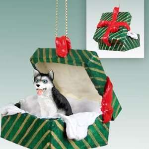  Husky Green Gift Box Dog Ornament   Black & White