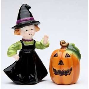  Pumpkin and Young Witch Ceramic Salt and Pepper Shaker Set 