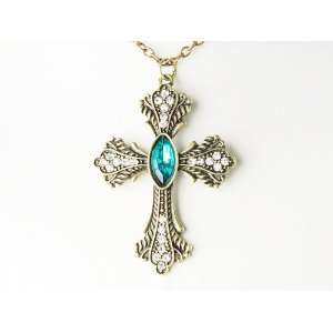 Vintage Inspired Gold Tone Blue Sapphire Cross Hanging Style Pendant 