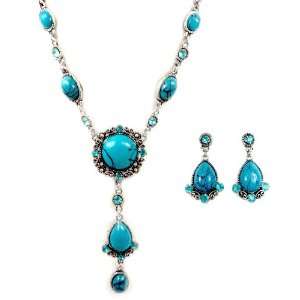    Miao Silver Toned Turquoise Drop Necklace and Earring Set Jewelry