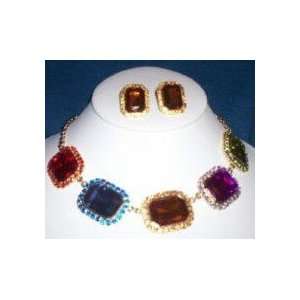   Rhinestone Necklace & Earring Set Ruby Sapphire Topaz Amethyst Emerald
