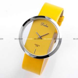   Women PU Leather Transparent Dial Yellow Fashion Watch Gift  