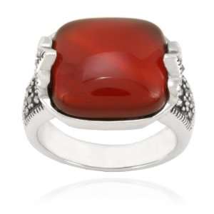  Sterling Silver Marcasite and Carnelian Cushion Square 