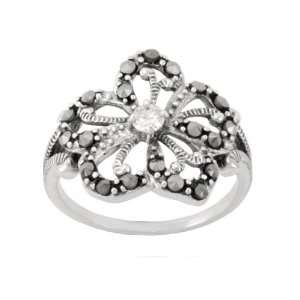  Sterling Silver Marcasite Clear Glass Flower Ring, Size 8 
