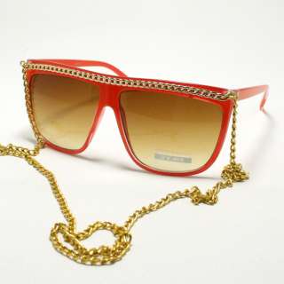 CELEBRITY Womens POPULAR 80s FLAT TOP Sunglasses GOLD CHAIN RED 