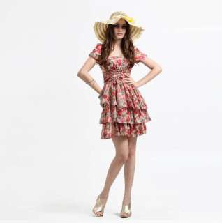 CHIC SHORT SLEEVE FLORAL TIERED DRESS RED SIZE S 1274  