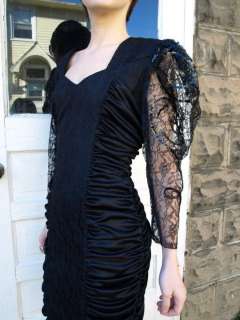 vintage 80s black sheer LACE puff sleeve party Cocktail ruched DRESS 