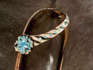 HORSE BRIDLE WESTERN LEATHER HEADSTALL TURQUOISE CROSS BARREL RACING 