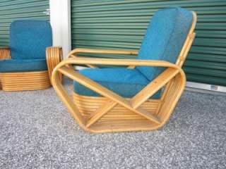 PAIR OF PAUL FRANKL PRETZEL 6 BAND RATTAN LOUNGE CHAIRS MID CENTURY 