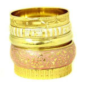 BombayFashions 5 Pcs 22kt GoldPlated, Pink Carved Cuff, Gold Bangle 
