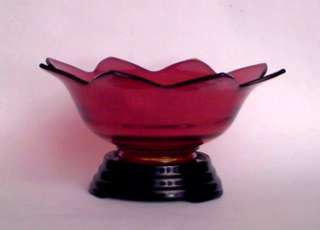 Fenton Bowl Petal Ruby Red Black Stand 1930s  