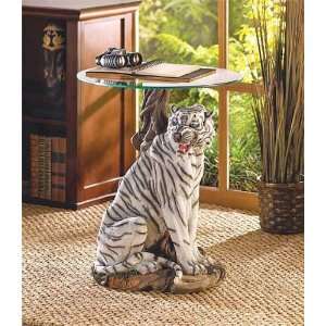 White Tiger Sculptural Base Home Accent Glass Top Table  