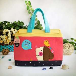  [Happy With You] Embroidered Applique Fabric Art Tote Bag 