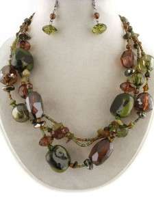 Chunky Layered Brown Green Mixed Beads Stones Necklace and Earrings 
