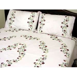  Hand Embroidered Flat Bed Sheet with Oval Brown 
