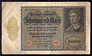 Germany Reichsbanknote 10000 Mark 1922 OVERSIZE Note VF  