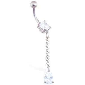    Jeweled belly ring with dangling teardrop CZ on chain Jewelry