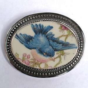 Broken China Jewelry Blue Bird Bluebird Sterling Pin 28  