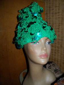 Vtg Knit Winter Hat Cap Pixie Elf Green Sequins Payette  