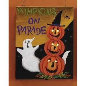 Pumpkins on Parade Haunted Halloween Ghost Lights Up Metal Wall Sign 