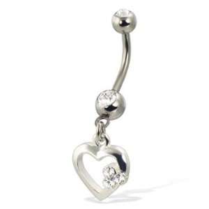Belly button ring with clover on hollow dangling heart and jeweled top 