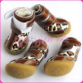 Dog Pet Chocolate Leopard Spots PU Leather Boots Shoes  