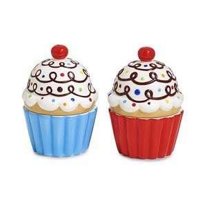 Set of 2 Cupcake Candy Dishes Cake N Shake Ceramic Blue Red Frosting 